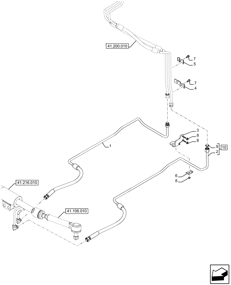 Схема запчастей Case IH FARMALL 120U - (41.216.020) - VAR - 330308, 390399, 758331 - HYDRAULIC STEERING, LINE, STEERING CYLINDER (41) - STEERING