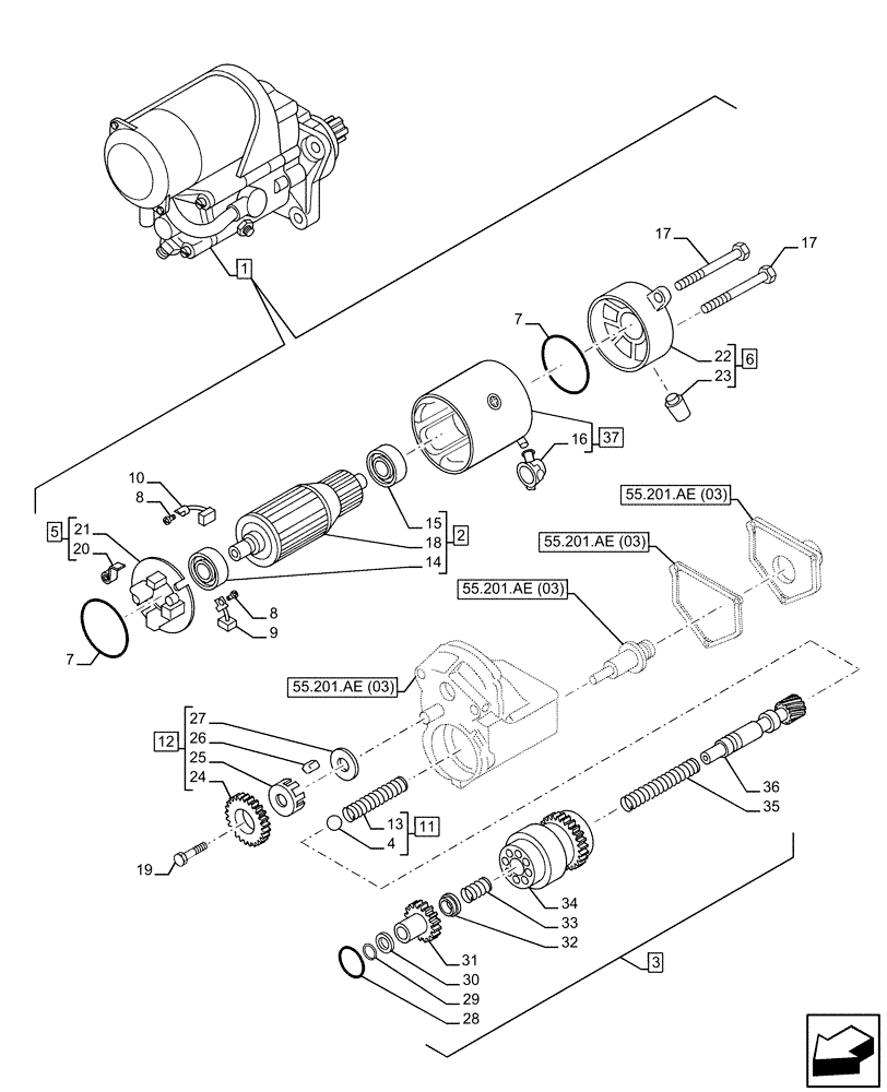 Схема запчастей Case IH F2CFE613F B041 - (55.201.AE[02]) - STARTER MOTOR, COMPONENTS (55) - ELECTRICAL SYSTEMS