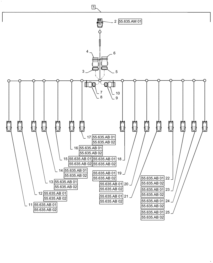 Схема запчастей Case IH PATRIOT 2250 - (55.635.AM[03]) - AIM COMMAND, 80 & 90, 5 SECTION, INNER HARNESS, 15 NOZZLE (55) - ELECTRICAL SYSTEMS