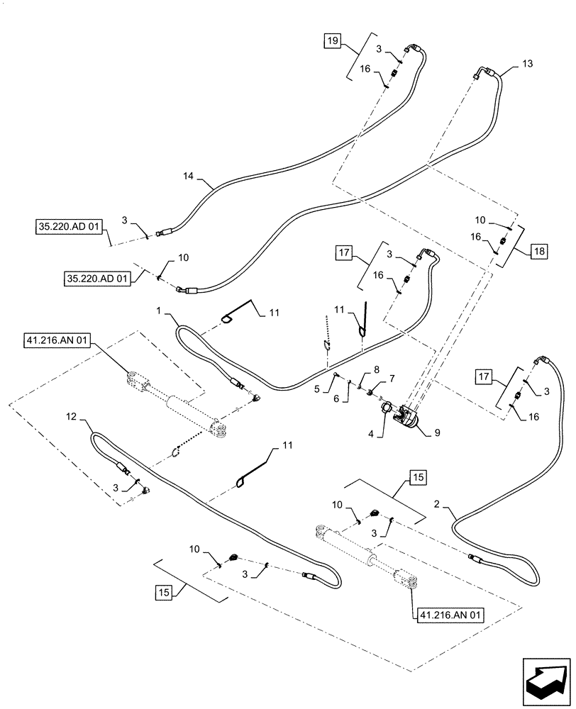 Схема запчастей Case IH PATRIOT 2250 - (41.216.AV[01]) - STEERING CYLINDER HYD. LINES (41) - STEERING