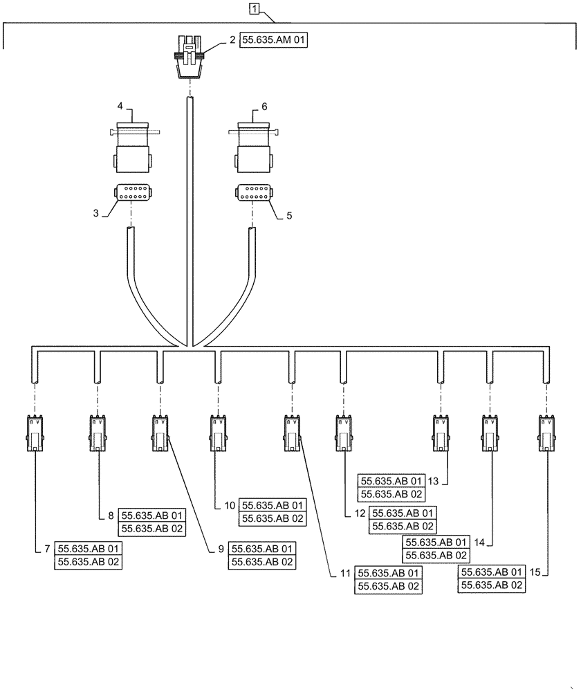 Схема запчастей Case IH PATRIOT 2250 - (55.635.AM[07]) - AIM COMMAND, 90, 5 & 6 SECTION, OUTER / BREAKAWAY HARNESS, 9 NOZZLE (55) - ELECTRICAL SYSTEMS