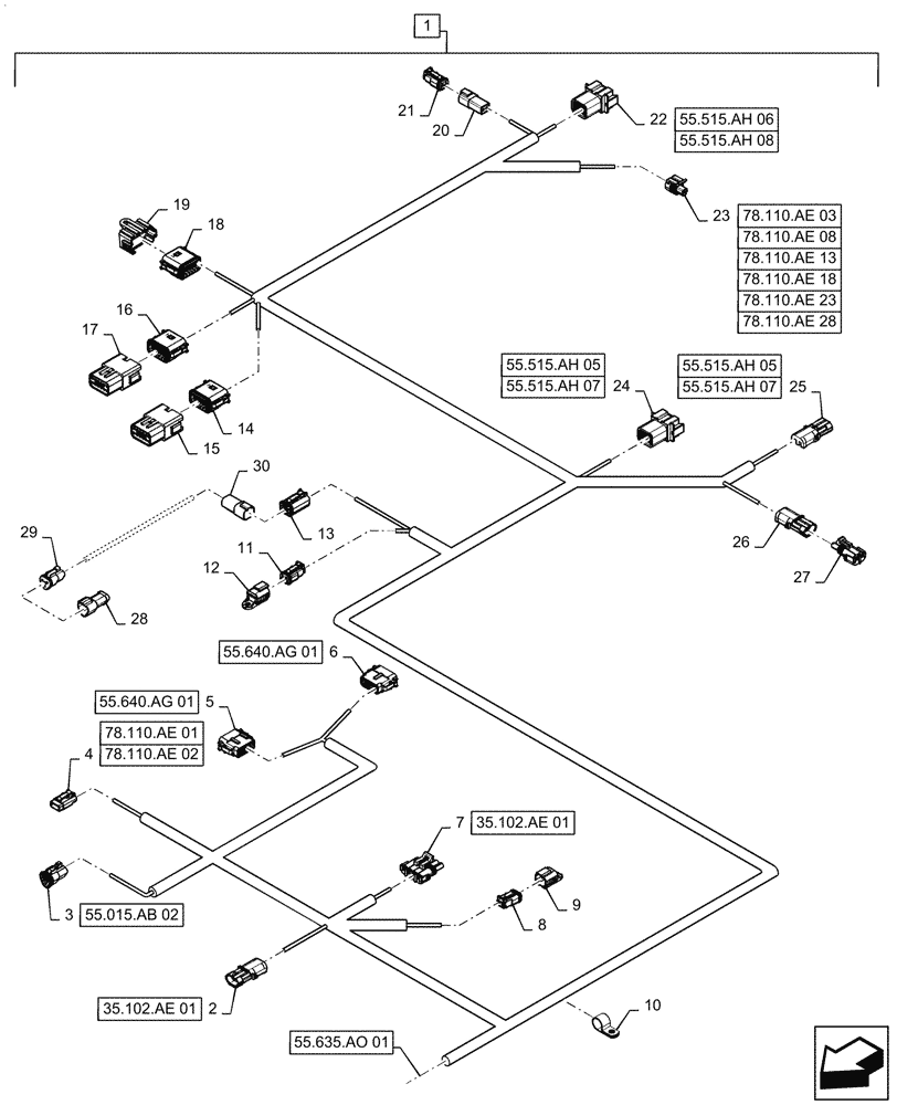 Схема запчастей Case IH PATRIOT 2250 - (55.635.AO[02]) - PRODUCT CONTROL HARNESS, REAR (55) - ELECTRICAL SYSTEMS