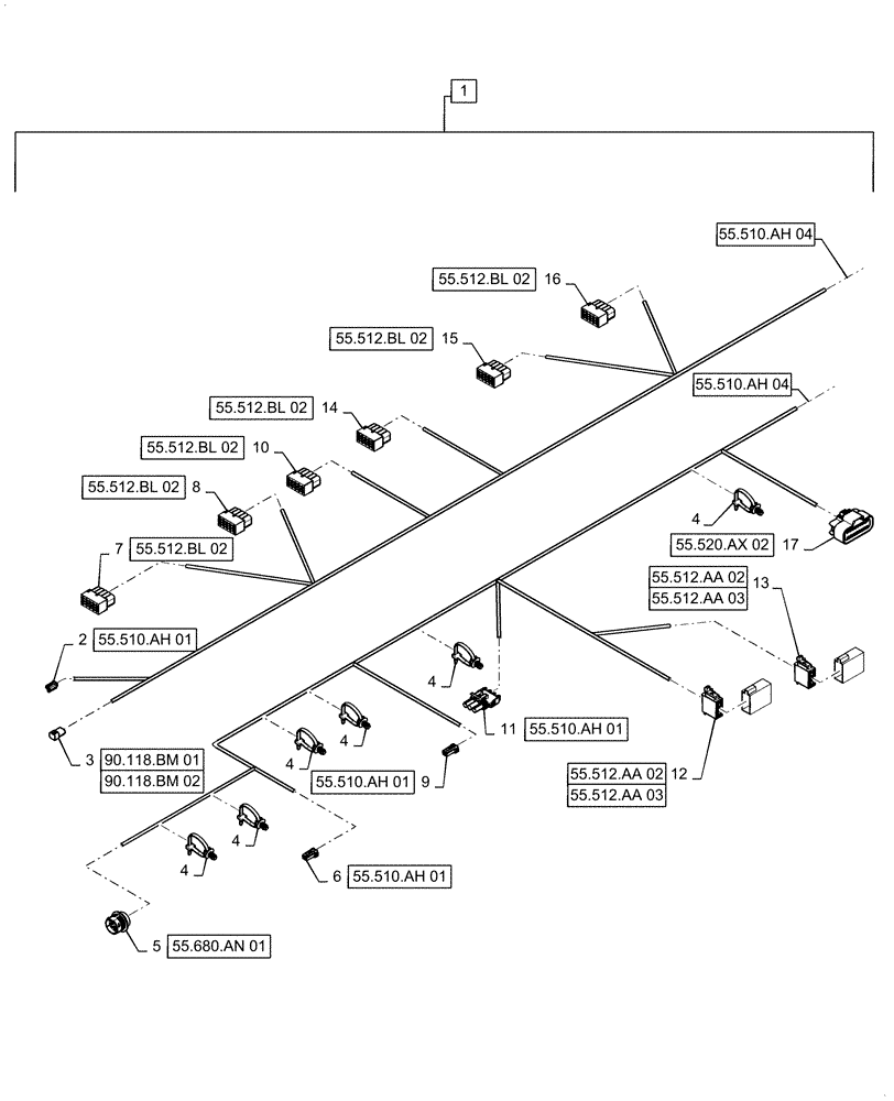 Схема запчастей Case IH 5140 - (55.510.AH[04]) - WIRE HARNESS, LOWER ROOF (55) - ELECTRICAL SYSTEMS