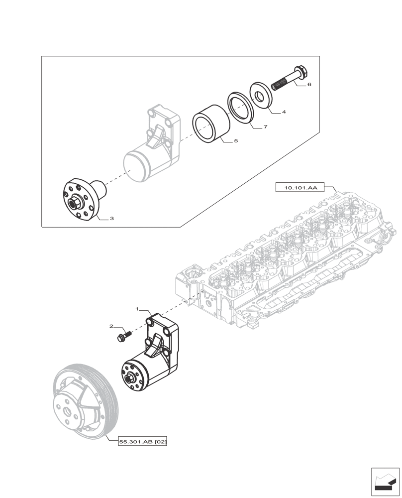 Схема запчастей Case IH F4HFP613B H005 - (55.301.AB[01]) - ALTERNATOR PULLEY, BELT & BRACKET (55) - ELECTRICAL SYSTEMS