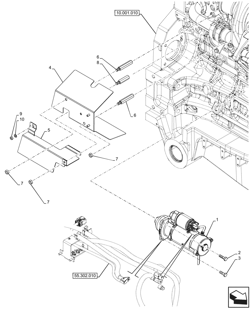 Схема запчастей Case IH OPTUM 270 CVT - (55.201.010) - VAR - 391130, 758000, 759041 - STARTER MOTOR, HEAT SHIELD (55) - ELECTRICAL SYSTEMS