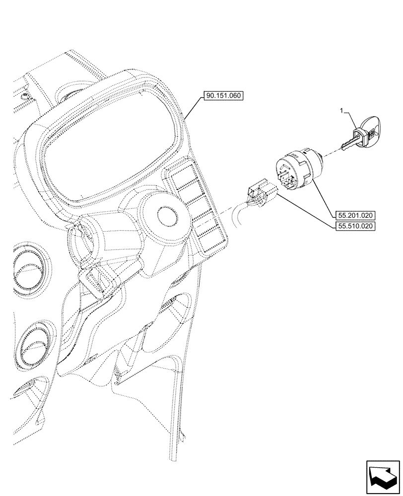 Схема запчастей Case IH FARMALL 120U - (55.201.040) - VAR - 331444, 332147, 336730, 339434 - IGNITION KEY (55) - ELECTRICAL SYSTEMS