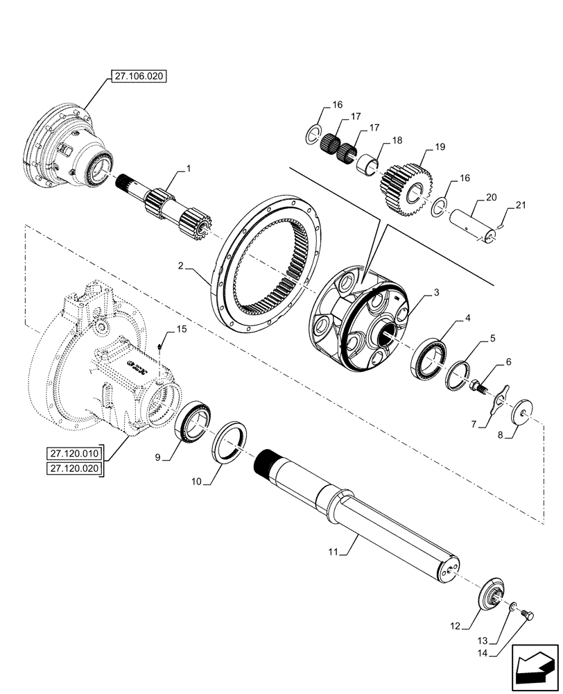 Схема запчастей Case IH OPTUM 270 CVT - (27.120.090) - VAR - 758052, 758053 - REAR AXLE, FINAL DRIVE, PLANETARY GEAR, 112 INCH, W/ ANTILOCK BRAKING SYSTEM (ABS) (27) - REAR AXLE SYSTEM