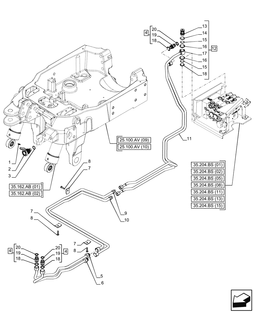 Схема запчастей Case IH PUMA 150 CVT - (35.162.AG[07]) - VAR - 758092, 758093, 758246, 758247 - 3 POINT HITCH, FRONT, CYLINDER, LINE (35) - HYDRAULIC SYSTEMS