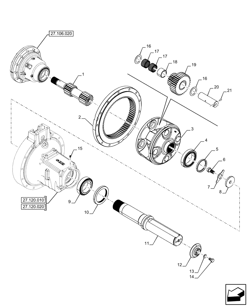 Схема запчастей Case IH OPTUM 270 CVT - (27.120.060) - VAR - 391159, 758052 - REAR AXLE, FINAL DRIVE, PLANETARY GEAR, 98 INCH (27) - REAR AXLE SYSTEM