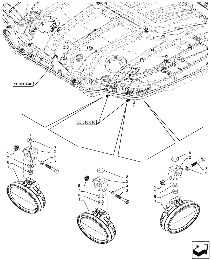 Схема запчастей Case IH OPTUM 300 CVT - (55.404.260) - VAR - 759047 - CAB, REAR, WORK LIGHT (55) - ELECTRICAL SYSTEMS