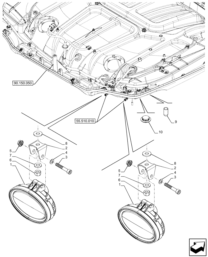 Схема запчастей Case IH OPTUM 300 CVT - (55.404.150) - VAR - 759046 - CAB, REAR, WORKING LIGHT (55) - ELECTRICAL SYSTEMS