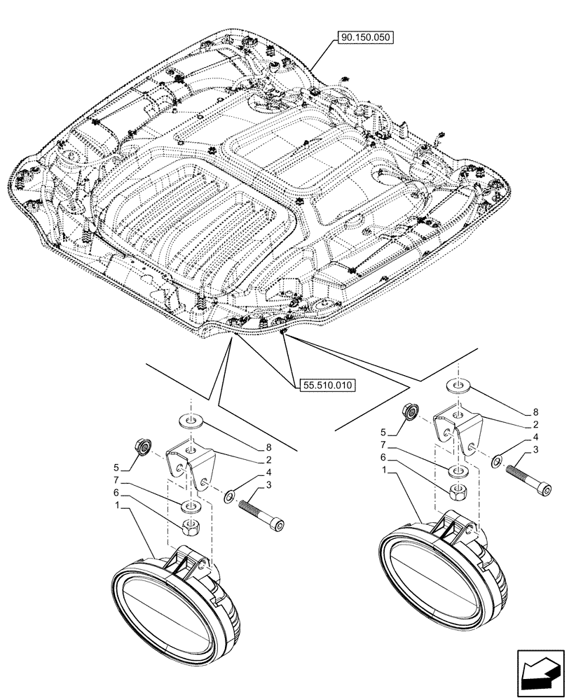 Схема запчастей Case IH OPTUM 270 CVT - (55.404.140) - VAR - 759046, 759047 - CAB, FRONT, WORKING LIGHT (55) - ELECTRICAL SYSTEMS