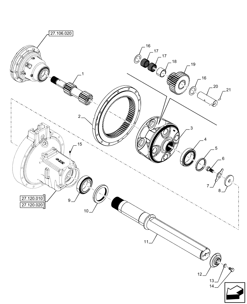 Схема запчастей Case IH OPTUM 300 CVT - (27.120.110) - VAR - 758052, 758054 - REAR AXLE, FINAL DRIVE, PLANETARY GEAR, 119 INCH, W/ ANTILOCK BRAKING SYSTEM (ABS) (27) - REAR AXLE SYSTEM