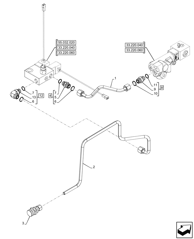 Схема запчастей Case IH OPTUM 270 CVT - (33.220.050) - VAR - 758040, 758042 - TRAILER BRAKE VALVE, LINE, ITALY (33) - BRAKES & CONTROLS