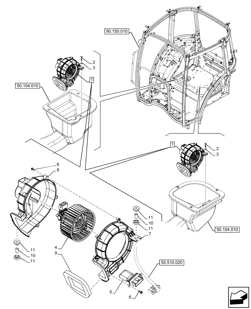 Схема запчастей Case IH FARMALL 110U - (55.050.010) - VAR - 331444, 332147, 336730, 339434 - HEATER, BLOWER (55) - ELECTRICAL SYSTEMS