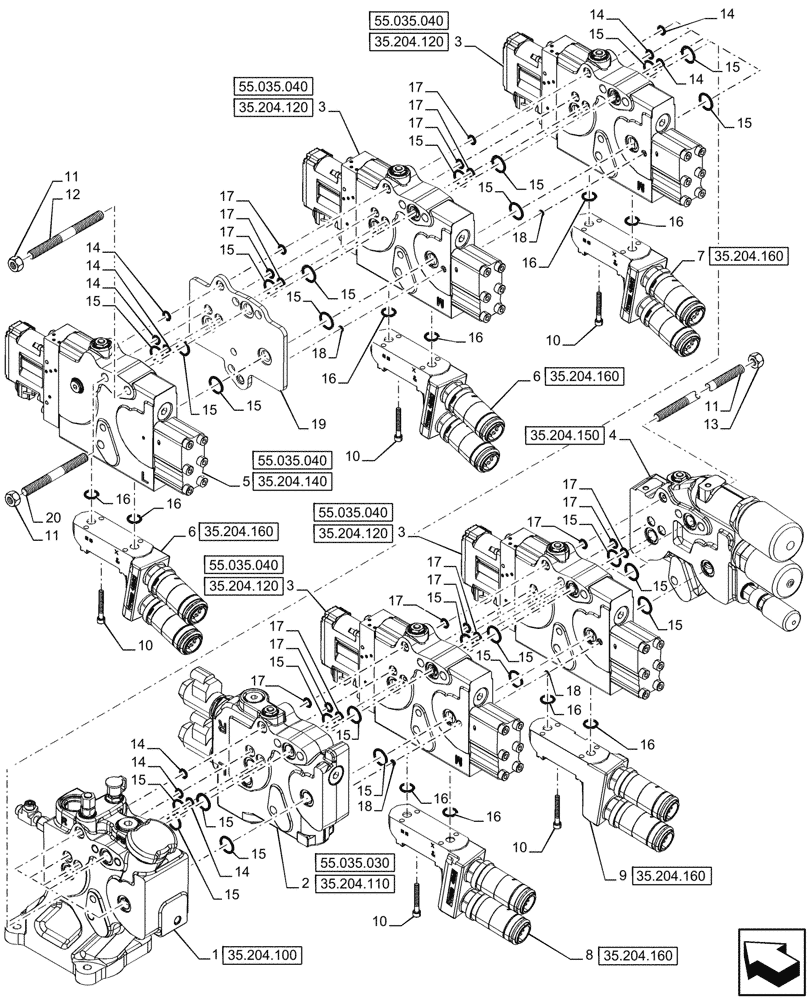 Схема запчастей Case IH OPTUM 300 CVT - (35.204.090) - VAR - 758061 - 5 REMOTE CONTROL VALVES (EHR W/PB), COMPONENTS (35) - HYDRAULIC SYSTEMS