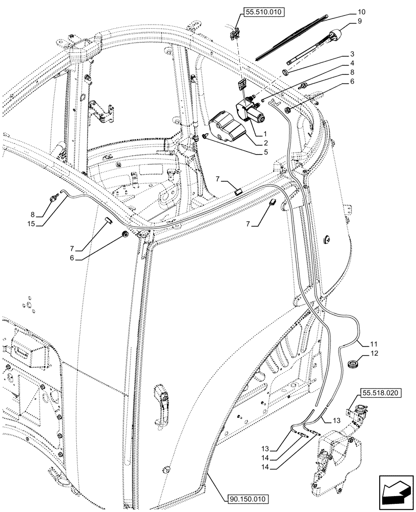 Схема запчастей Case IH FARMALL 120U - (55.518.010) - VAR - 331444, 332147, 336730, 339434 - WINDOW, WIPER MOTOR, HOSE, ARM, BLADE (55) - ELECTRICAL SYSTEMS