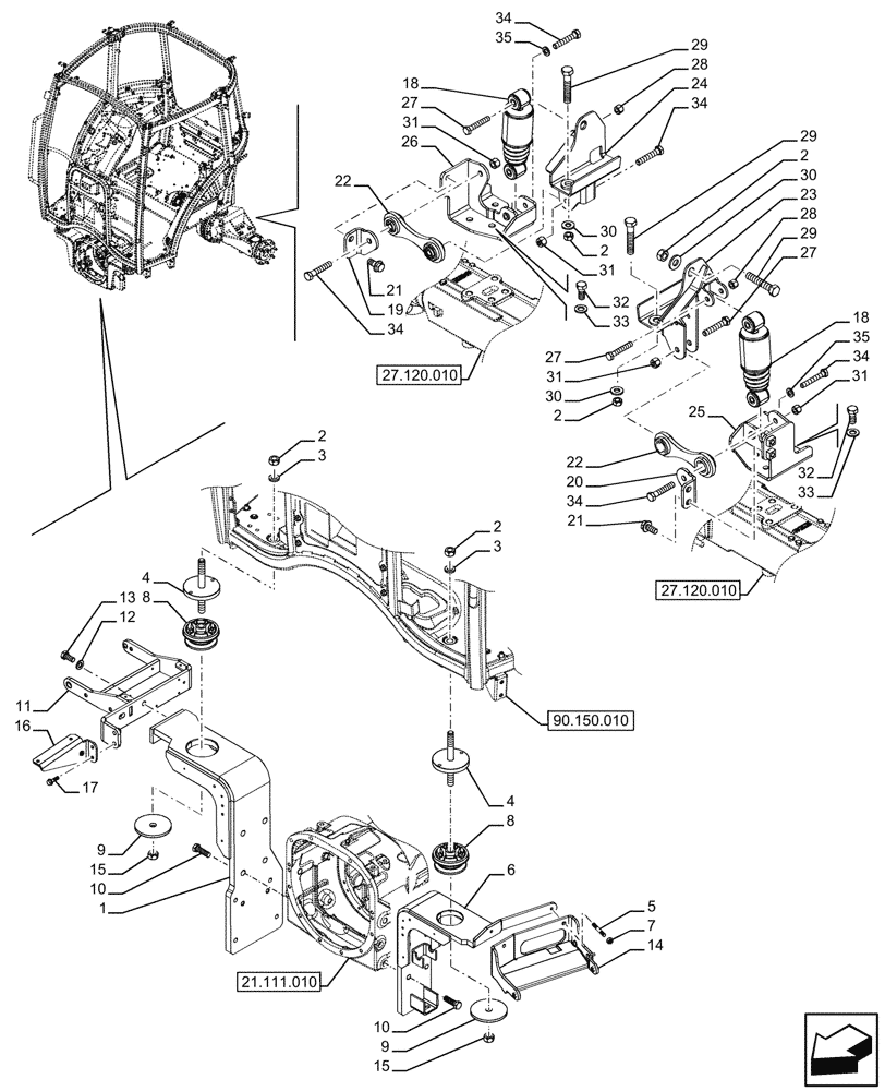 Схема запчастей Case IH FARMALL 110U - (90.150.060) - VAR - 332147, 336790 - CAB SUPPORT, SUSPENDED CAB (90) - PLATFORM, CAB, BODYWORK AND DECALS