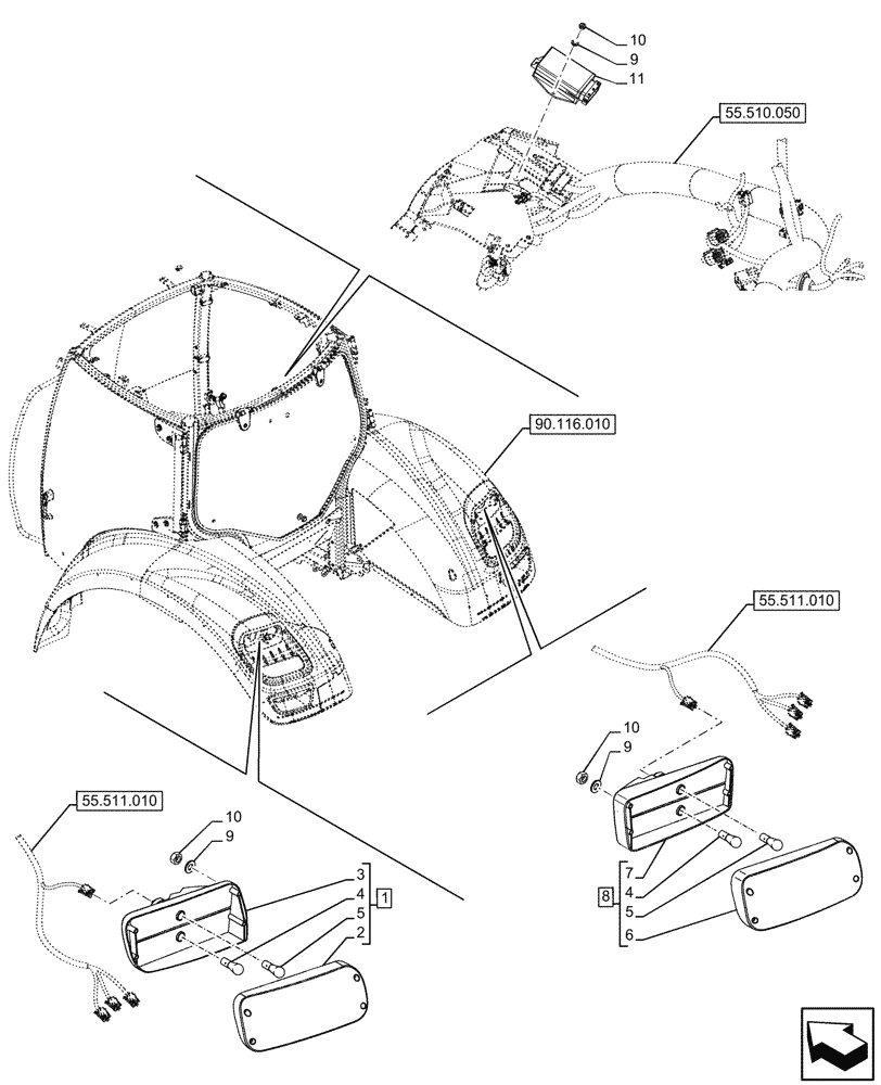 Схема запчастей Case IH OPTUM 300 CVT - (55.404.030) - VAR - 391364, 758686, 758687, 758688, 758689, 758690 - REAR LIGHT (55) - ELECTRICAL SYSTEMS