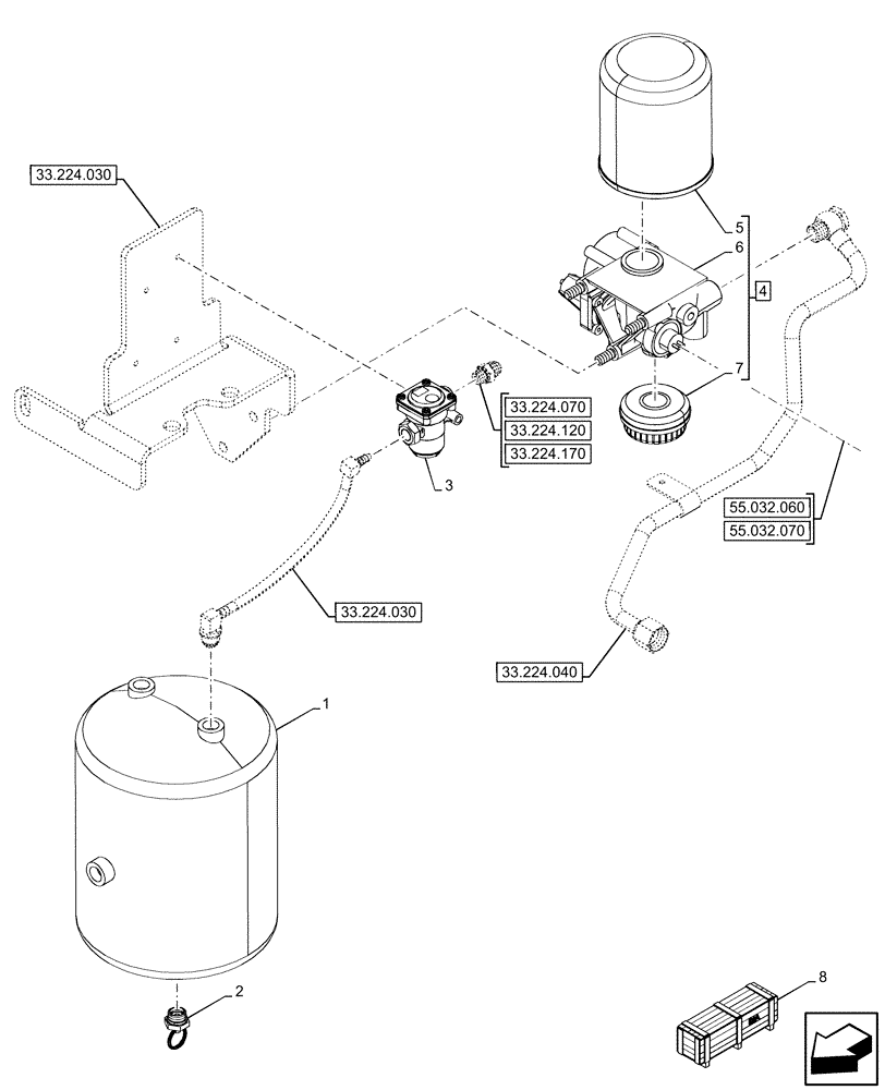 Схема запчастей Case IH OPTUM 270 CVT - (33.224.050) - VAR - 758038, 758039, 758041, 758042, 758044 - BRAKE, W/O ANTILOCK BRAKING SYSTEM (ABS), AIR DRYER, AIR RESERVOIR, PRESSURE LIMITER (33) - BRAKES & CONTROLS