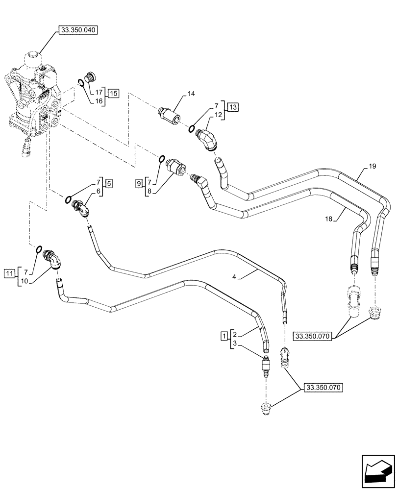 Схема запчастей Case IH OPTUM 300 CVT - (33.350.120) - VAR - 758038, 758039, 758041, 758042, 758044 - ANTILOCK BRAKING SYSTEM (ABS), FOOT CONTROL VALVE, LINE (33) - BRAKES & CONTROLS