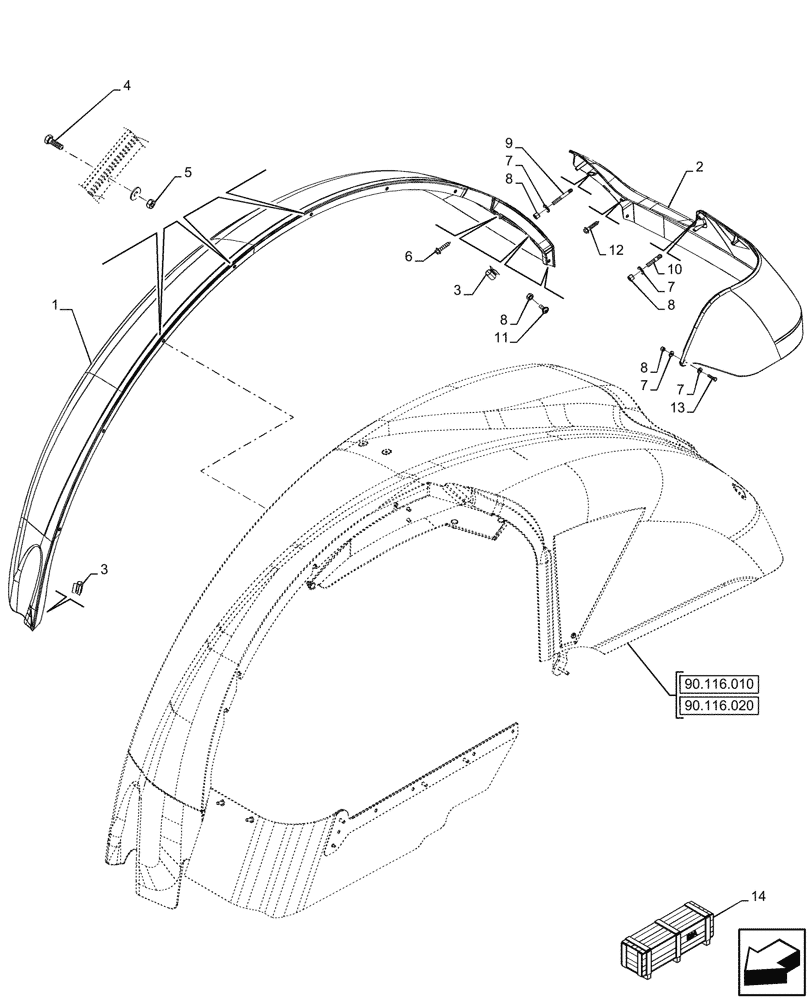 Схема запчастей Case IH OPTUM 270 CVT - (90.116.040) - VAR - 758687, 758690 - WIDE REAR FENDERS, EXTREMITY LIGHT (90) - PLATFORM, CAB, BODYWORK AND DECALS