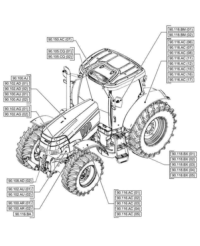 Схема запчастей Case IH PUMA 165 CVT - (90.000.00[01]) - SECTION INDEX - PLATFORM, CAB, BODYWORK & DECALS (90) - PLATFORM, CAB, BODYWORK AND DECALS