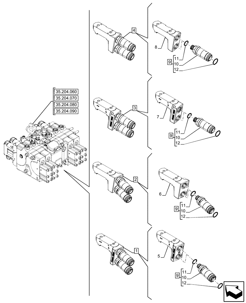 Схема запчастей Case IH OPTUM 270 CVT - (35.204.160) - VAR - 758060, 758061 - REMOTE CONTROL VALVE, COMPONENTS (35) - HYDRAULIC SYSTEMS