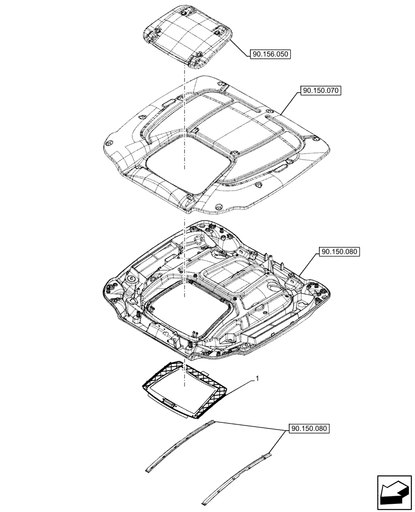 Схема запчастей Case IH OPTUM 270 CVT - (90.151.030) - VAR - 758680 - CAB ROOF, W/ HIGH VISIBILITY PANEL, SUN PROTECTION (90) - PLATFORM, CAB, BODYWORK AND DECALS