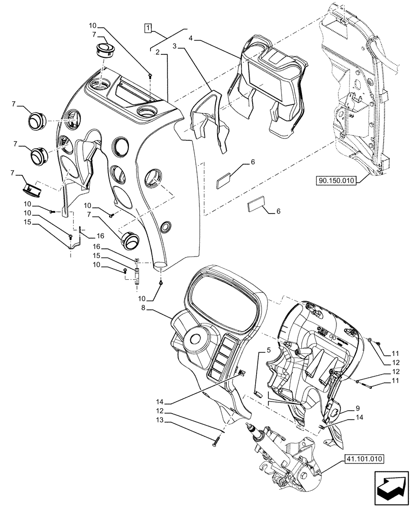 Схема запчастей Case IH FARMALL 120U - (90.151.060) - VAR - 331444, 332147, 336730, 339434 - INSTRUMENT PANEL, CONSOLE (90) - PLATFORM, CAB, BODYWORK AND DECALS