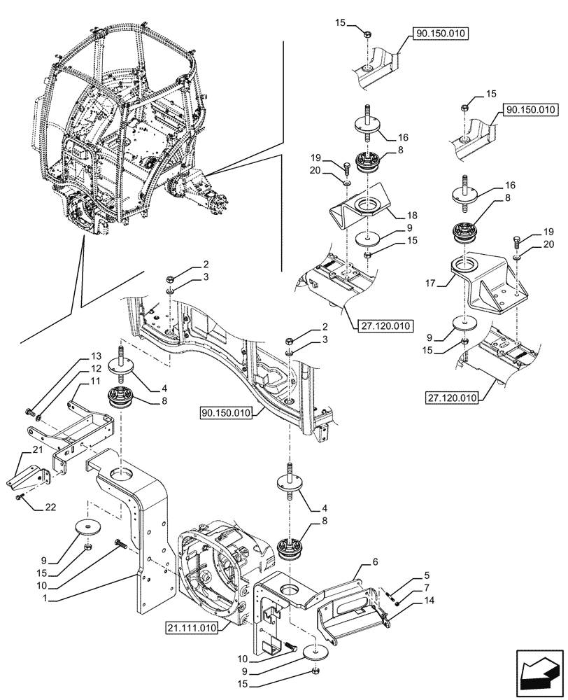 Схема запчастей Case IH FARMALL 110U - (90.150.050) - VAR - 331444, 335387, 339434, 391246 - CAB SUPPORT, STANDARD (90) - PLATFORM, CAB, BODYWORK AND DECALS