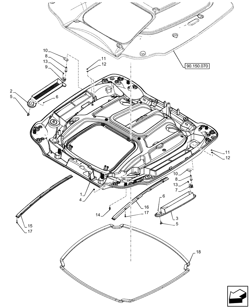Схема запчастей Case IH OPTUM 270 CVT - (90.150.080) - VAR - 758680 - ROOF LINING, W/ HIGH VISIBILITY PANELL (90) - PLATFORM, CAB, BODYWORK AND DECALS