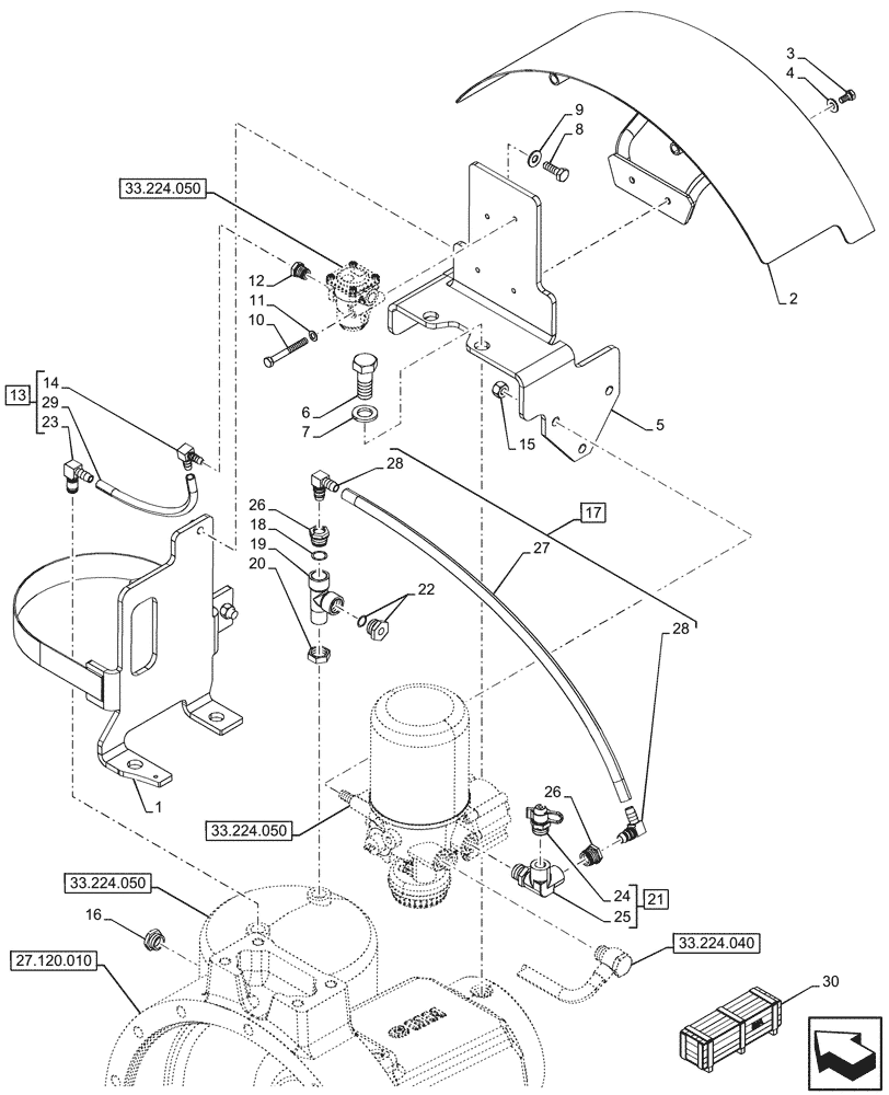 Схема запчастей Case IH OPTUM 270 CVT - (33.224.030) - VAR - 758038, 758039, 758041, 758042, 758044 - BRAKE, W/O ANTILOCK BRAKING SYSTEM (ABS), AIR RESERVOIR, LINE (33) - BRAKES & CONTROLS
