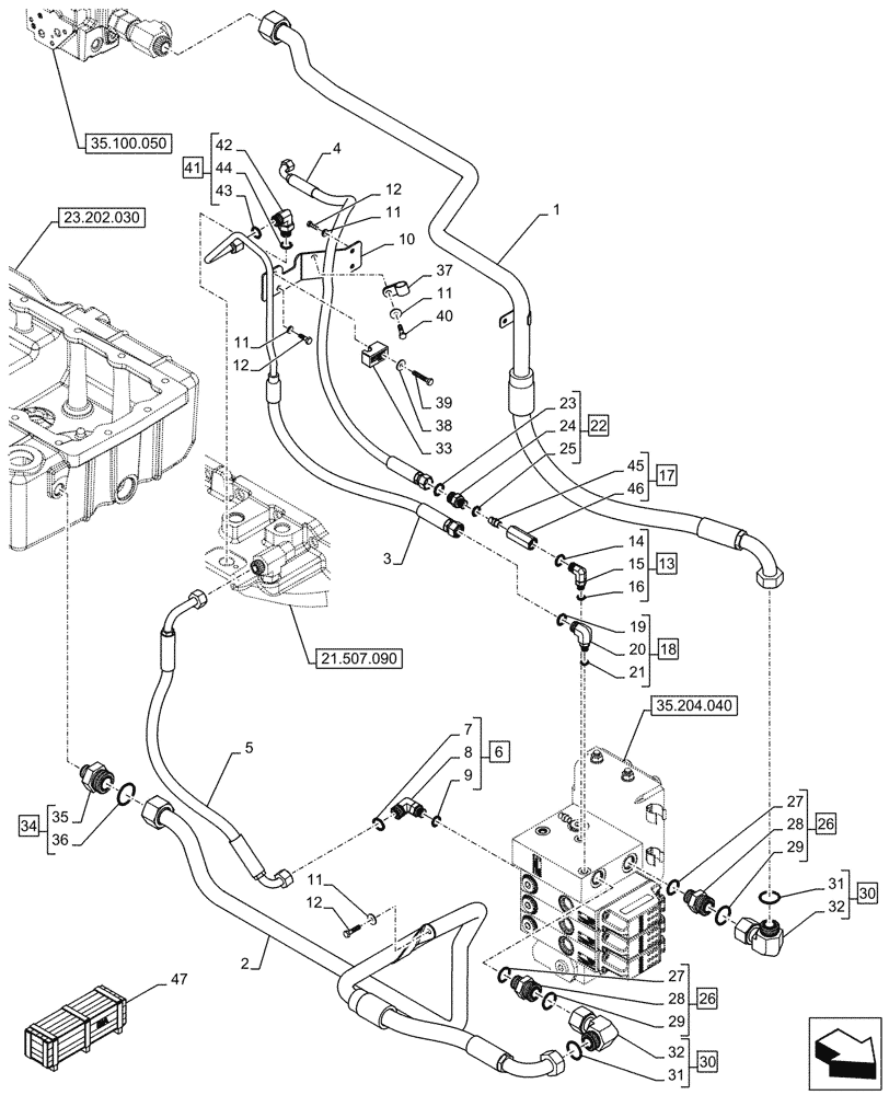 Схема запчастей Case IH OPTUM 270 CVT - (35.204.010[01A]) - VAR - 758064, 758066 - MID-MOUNT CONTROL VALVE, PIPE, LINE - BEGIN YR 17-MAR-2016 (35) - HYDRAULIC SYSTEMS