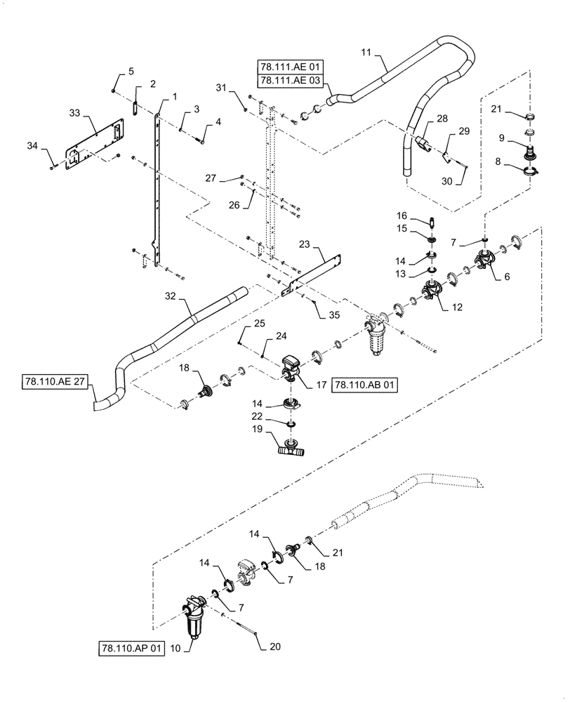 Схема запчастей Case IH PATRIOT 2250 - (78.110.AE[28]) - BOOM PLUMBING, CENTER, 20" NOZZLE SPACING, 6 SECTION, 90, BSN YGT042519 (78) - SPRAYING