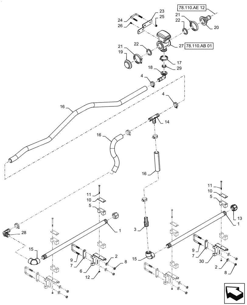 Схема запчастей Case IH PATRIOT 2250 - (78.110.AE[11]) - BOOM PLUMBING, LH, OUTER, 20" NOZZLE SPACING, 6 SECTION, 80, BSN YGT042519 (78) - SPRAYING