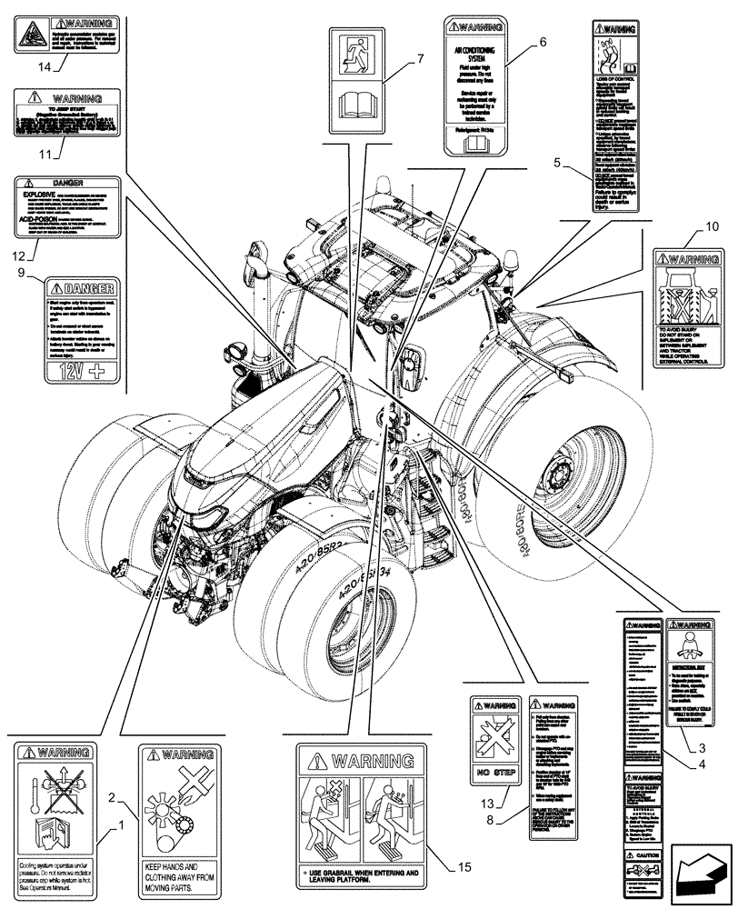 Схема запчастей Case IH OPTUM 270 CVT - (90.108.100) - WARNING DECAL (90) - PLATFORM, CAB, BODYWORK AND DECALS