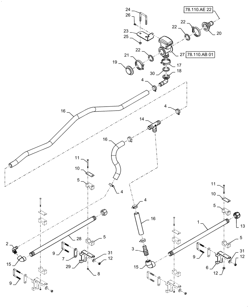 Схема запчастей Case IH PATRIOT 2250 - (78.110.AE[21]) - BOOM PLUMBING, LH, OUTER, 20"/30" NOZZLE SPACING, 5 SECTION, 90, BSN YGT042519 (78) - SPRAYING