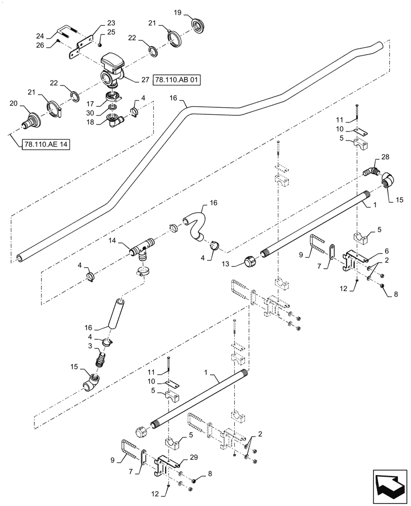 Схема запчастей Case IH PATRIOT 2250 - (78.110.AE[15]) - BOOM PLUMBING, RH, OUTER, 20" NOZZLE SPACING, 6 SECTION, 80, BSN YGT042519 (78) - SPRAYING