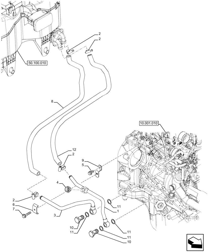 Схема запчастей Case IH FARMALL 120U - (50.100.050) - VAR - 331444, 332147, 335387, 336730, 339434, 391246 - HEATING SYSTEM, HYDR LINES (50) - CAB CLIMATE CONTROL