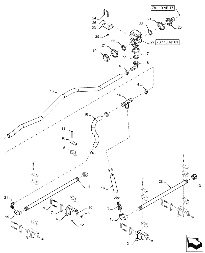 Схема запчастей Case IH PATRIOT 2250 - (78.110.AE[16]) - BOOM PLUMBING, LH, OUTER, 20" NOZZLE SPACING, 5 SECTION, 90, BSN YGT042519 (78) - SPRAYING