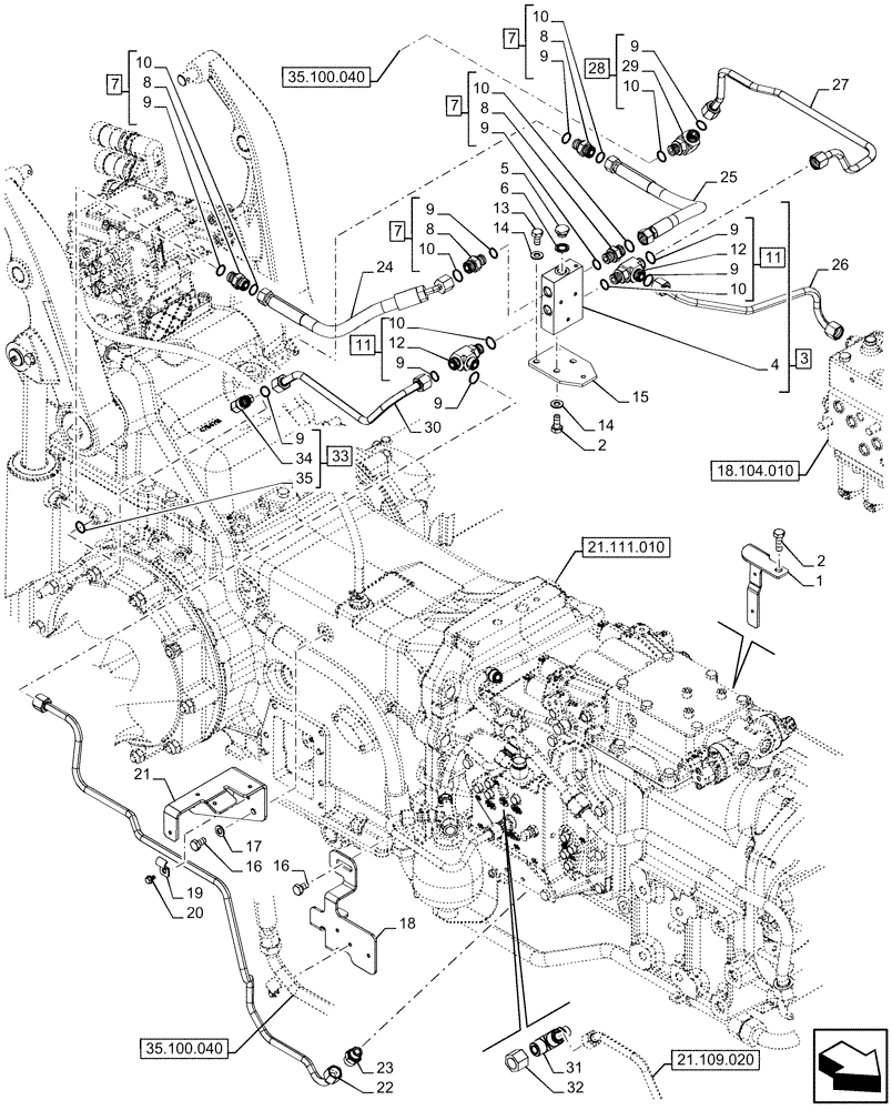 Схема запчастей Case IH FARMALL 120U - (21.109.040) - VAR - 334119, 390434 - TRANSMISSION, COOLING SYSTEM LINE (21) - TRANSMISSION