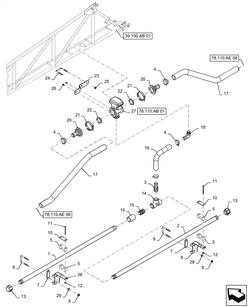 Схема запчастей Case IH 2240 - (78.110.AE[07]) - BOOM PLUMBING, LH, INNER, 20"/30" NOZZLE SPACING, 5 SECTION, 80 (78) - SPRAYING