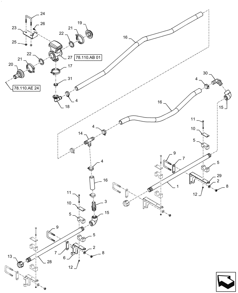 Схема запчастей Case IH PATRIOT 2250 - (78.110.AE[25]) - BOOM PLUMBING, RH, OUTER, 20"/30" NOZZLE SPACING, 5 SECTION, 90, BSN YGT042519 (78) - SPRAYING