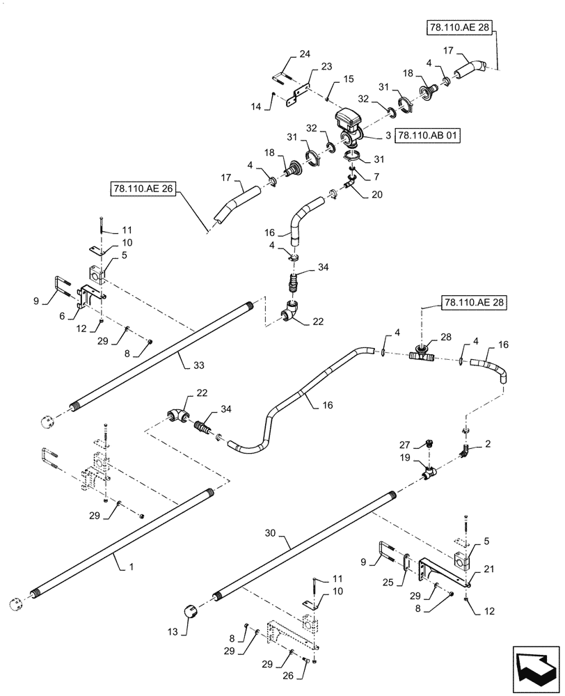 Схема запчастей Case IH PATRIOT 2250 - (78.110.AE[27]) - BOOM PLUMBING, LH, INNER, 20" NOZZLE SPACING, 6 SECTION, 90, BSN YGT042519 (78) - SPRAYING