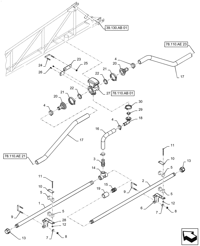 Схема запчастей Case IH PATRIOT 2250 - (78.110.AE[22]) - BOOM PLUMBING, LH, INNER, 20"/30" NOZZLE SPACING, 5 SECTION, 90, BSN YGT042519 (78) - SPRAYING