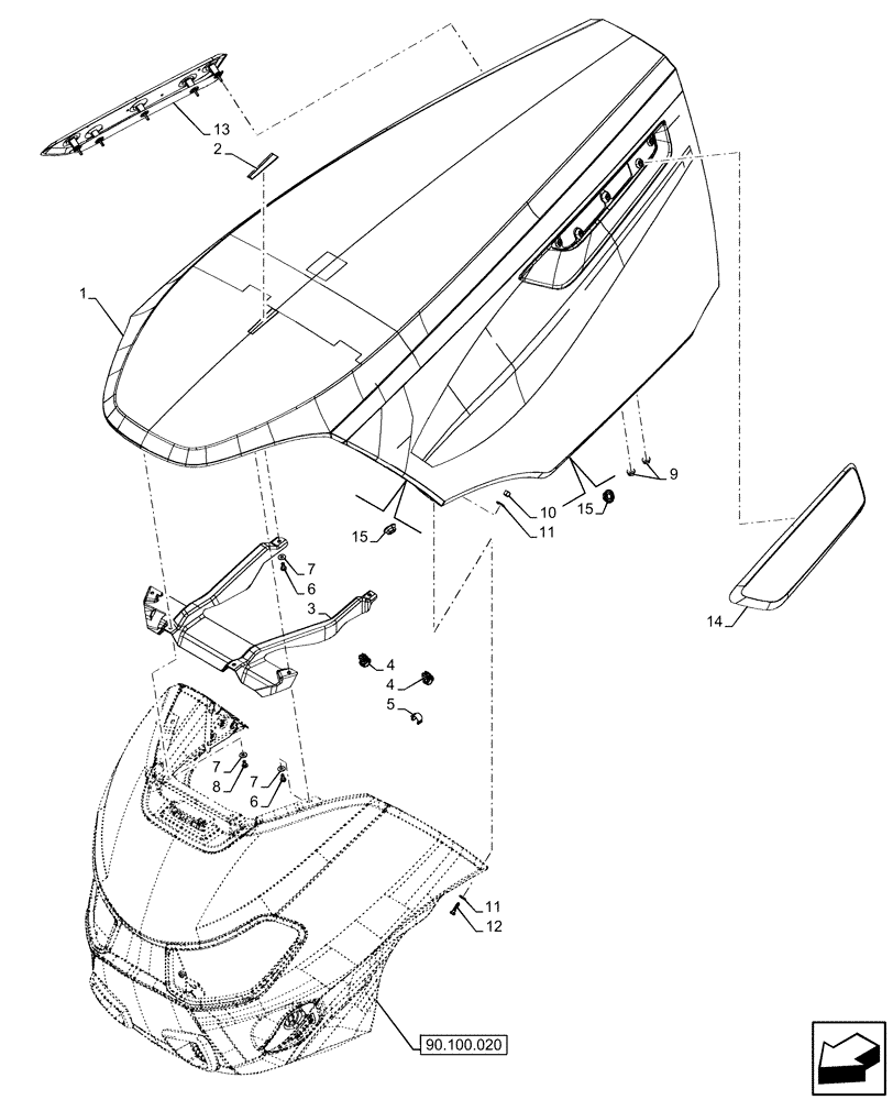 Схема запчастей Case IH OPTUM 270 CVT - (90.100.010) - VAR - 391216, 758207, 758208, 758210 - HOOD (90) - PLATFORM, CAB, BODYWORK AND DECALS