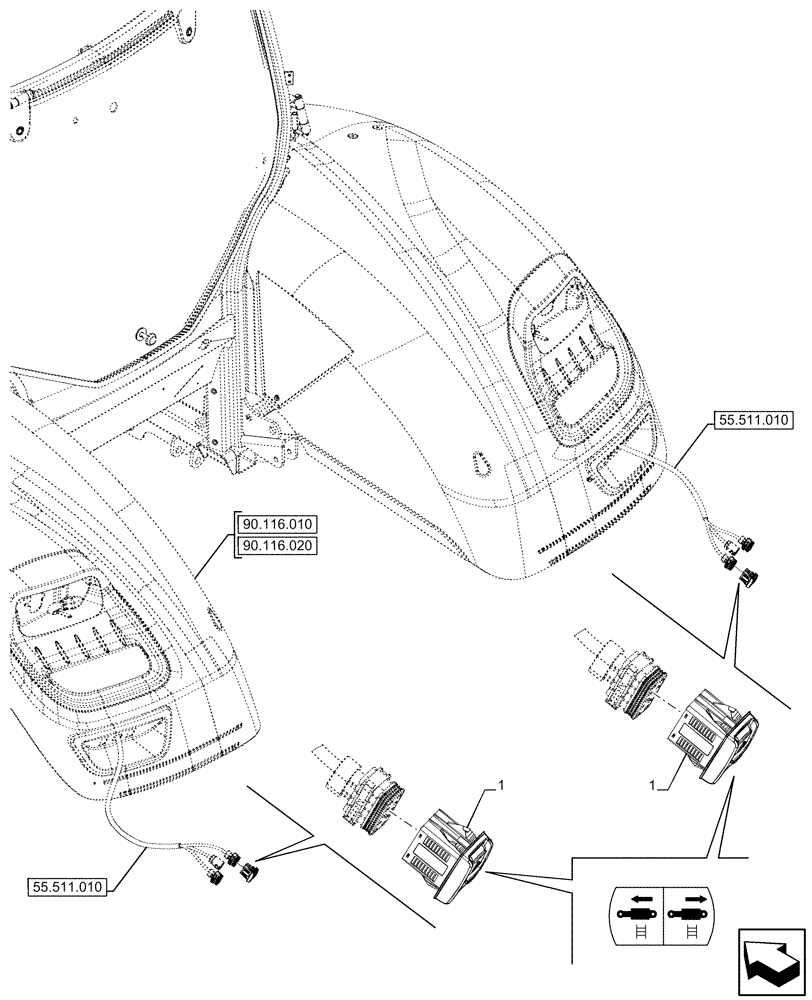 Схема запчастей Case IH OPTUM 270 CVT - (55.035.010) - VAR - 758033 - REAR FENDER, 3RD REMOTE CONTROL VALVE, SWITCH (55) - ELECTRICAL SYSTEMS