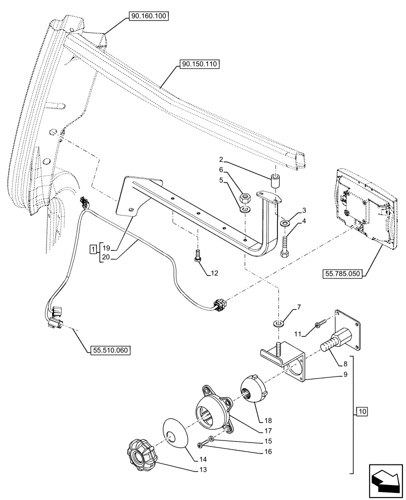 Схема запчастей Case IH OPTUM 270 CVT - (90.151.120) - VAR - 758154, 758156, 758157, 758158 - PILLAR, BRACKET MONITOR EQUIPMENT, W/ HARNESS (90) - PLATFORM, CAB, BODYWORK AND DECALS