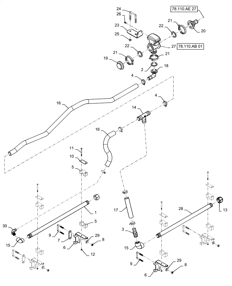 Схема запчастей Case IH PATRIOT 2250 - (78.110.AE[26]) - BOOM PLUMBING, LH, OUTER, 20" NOZZLE SPACING, 6 SECTION, 90, BSN YGT042519 (78) - SPRAYING